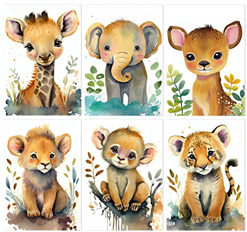 BeYa® Bilder Kinderzimmer Wandbilder Poster Deko für Kinderzimmer Jungen und Mädchen Babyzimmer Bilder Wanddeko Poster 6er Set DIN A4 (Safari1)