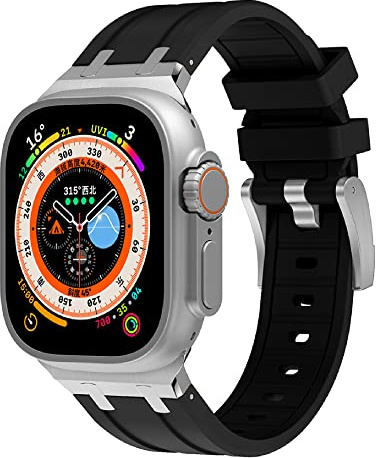 VeveXiao Bracelet robuste de luxe compatible avec Apple Watch Ultra Band 49mm 45mm 44mm 42mm, bracelet de rechange étanche en silicone pour iWatch Series 8 7 6 5 4 3 2 1 SE , Argent noir