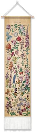 Wandteppich mit Vintage-Blume, 130 x 33 cm, lang, vertikaler Wandbehang, Referenz, illustrative botanische Wandteppiche für Schlafzimmer, ästhetisches Blumen-Tapistry mit Quasten, botanische Pflanzen,