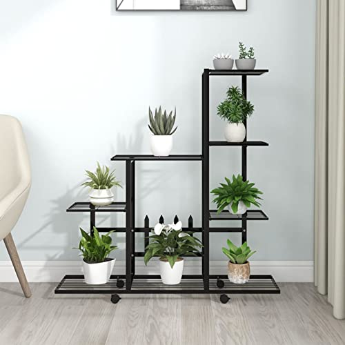ZEYUAN Blumenständer auf Rollen, Pflanzenständer, Pflanzenregal, Blumentreppe, Blumenleiter, Kräuterleiter, Pflanzenleiter, 94,5x25x92,5 cm Schwarz Metall