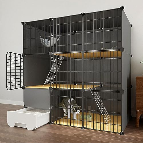 DECORN Großer Katzenkäfig mit Katzentoilette 3-stöckiger DIY-Katzenlaufstall für Den Innenbereich Abnehmbare Hundehütte aus Metalldraht Großer Übungsplatz, Ideal für 1–3 Katzen,44in