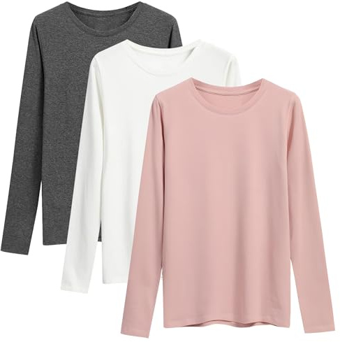 LiKing T- Shirt Tops À Manches Longues Femme Basique en Coton -Tee Shirt Manche Longue Femme Coton T Shirt Long Femme Blanc Rose Gris Lot de 3 Taille S GWP