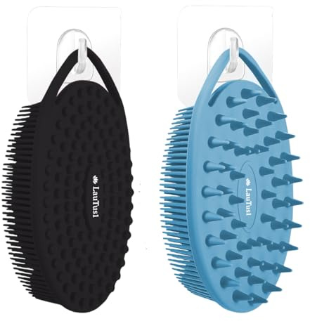 LauTus1 2 Packs Silicone Body Scrubber, Dual-Sided Shower Scrubber Hooks Exfoliating Body Scrub Brush Silicone Loofah Women Men Deep Cleansing and Massage Tool Blue and Black