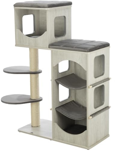 Trixie Katzen-Spielhaus Adriano 118 cm in grau – mehrstöckiger Katzenbaum mit Katzenhöhlen und verschiedenen Liegemöglichkeiten, moderner Cat Tower – gemütlich & stabil – 44466