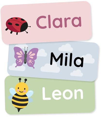 Klebekerlchen® Namensaufkleber für Kinder (60 Stück), Kleidung & Gegenstände Namensschilder personalisiert und waschmaschinenfest, Schule und Kindergarten - Insekten