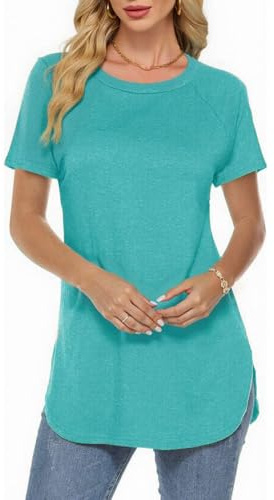 Teesho Damen Longshirt Kurzarm Tshirt Sommer Elegant Oberteile Baumwolle Shirts Lang Tops Bluse Tunika (See blau/M)
