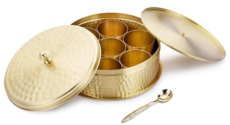 Ajuny Brass Round Golden Spice Box Masala Dabba Hammered Design with 7 Spice Containers Double Lid & 1 Designer Spoon, Spice Canister for Home Kitchen Spice Box Organizer 8x3 Inch