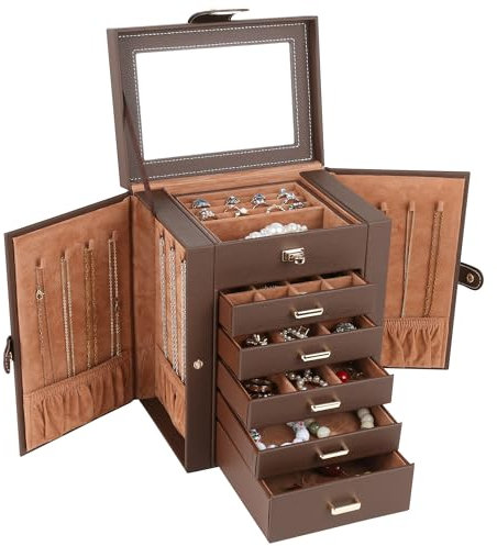 Kendal Jewelry Box, 6-Layer Jewelry Storage Organizer for Necklace Bracelet Rings Watch, 10.2x8.2x6 Classic Brown PU Leather 5 Drawers Large Storage Capacity with Mirror