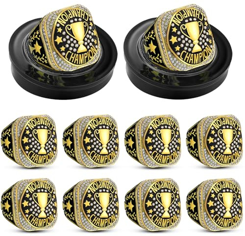 Highergo 10pcs Softball Soccer Baseball MVP Championship Trophy Ring with Display Neck Chain and Stand Basketball Cheerleading Bowling Football Volleyball Track Field for Award Gift