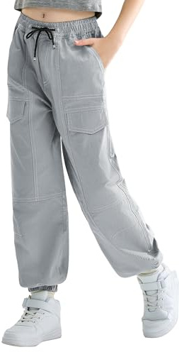 Rolanko Pantaloni Hip Hop per Ragazze, Pantaloni Cargo Elasticizzati per Bambini Jogger per Streetwear e Danza, Grigio, Taglia: 13-15 anni/170