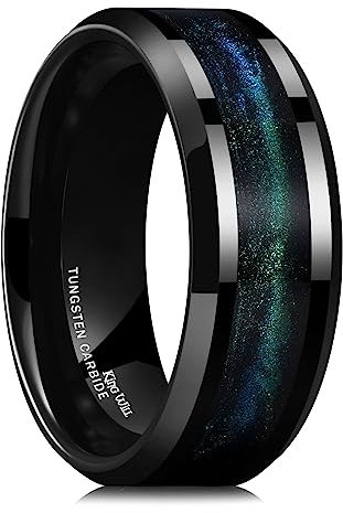 King Will Ehering aus Wolframkarbid für Männer – 8 mm schwarzer, hochglanzpolierter Ehering mit blau-grünem Sand-Inlay für den Alltag, bequemer Sitz für Herren, Größe 62.2 (19.8)