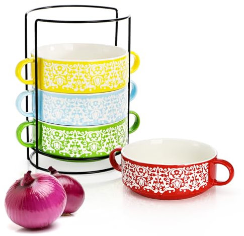 Acshio Set of 4 French Onion Soup Bowls with Handles, 20 Oz Ceramic Multicolor Soup Bowls with Organizer Rack, Stackable Soup Serving Crock for Beef Stew, Pasta, Cereal, Pot Pies