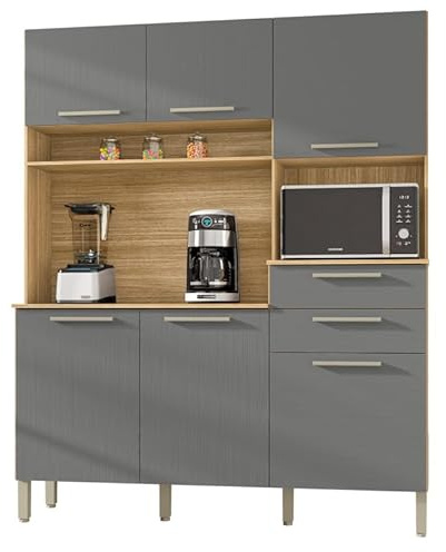 Buffet de Cuisine 6 Portes 2 Tiroirs Chêne et Gris L 160.7 H 196 P 38.8 cm