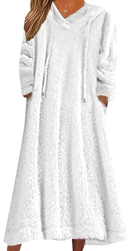 ZICUE Donna Addensante Felpa Lunga in Pile Cappuccio Manica Lunga Pullover Abito Plus Size con Coulisse Bianco 3XL