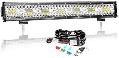 AUXTINGS 20 Pouces 50 cm 420W LED Barre d'éclairage avec 12V stroboscopique Faisceau de câblage kit,3 rangées Spot et Inondation Barre Lumineuse pour Offroad Véhicules Voiture camions SUV 4x4,6002K