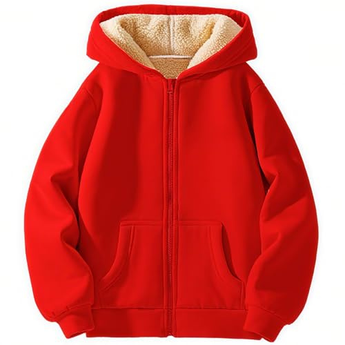 Valcatch Kids Sherpa Lined Fleece Zip Up Hoodie Jacket, 8-9 Years, Red