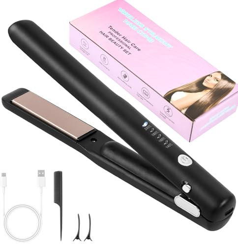 Alaoo Piastra per Capelli, Portatile Piastra da Viaggio per Capelli 2 in 1, Piastra Senza Fili Ricaricabile Usb con Temperature 4 Livelli, per Stili Ricci e Lisci(Nero)