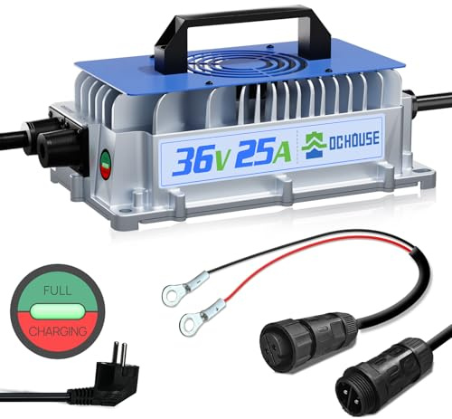 DCHOUSE 36V 25A Cargador de batería de Litio, 900W Cargador rápido, eficiencia de Carga ≥ 93%,Antigoteo imper. c/Vent. refrig, Adecuado para batería LiFePO4 de 36V, Carrito de Golf, Motor de Arrastre