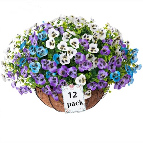 Siganorpy 12 Bundles Artificial Flowers Outdoors Pansy Plants Fake Flowers Decor Eucalyptus Artificial Grass Shrubs Bushes UV Resistant Plastic Flowers Fern for Garden Porch Home (Blue+White+Purple)