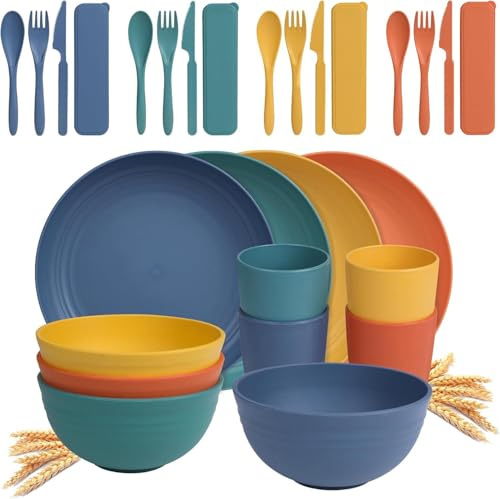 28pcs Unbreakable Dinnerware Sets for 4 People, Camping/Picnic Dinner Sets, Lightweight Colorful BBQ Plastic Serving Plates, Bowls, Cups,Cutlery Set,Tableware