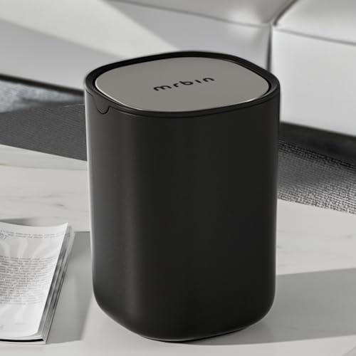 MRBIN Desk Mini Trash Can, 0.4 Gallon / 1.5L Small Garbage Can with Stainless Steel Lid Table Plastic Waste Basket for Bedroom, Coffee Bar, Vanity Countertop, Black