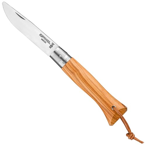 OPINEL - Neo6 Opiflex Olivier - traditionelles Taschenmesser - Klinge 7 cm aus Edelstahl, Griff aus lackiertem Olivenholz mit mediterraner Körnung, OPIFLEX ohne Verriegelung, Lederriemen