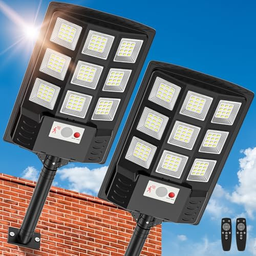Solar Lights Outdoor,IP66 Waterproof Solar Street Lights Outdoor,6500K LED Dusk to Dawn Security Flood light with Motion Sensor and Remote Control for Yard,Parking Lot, Courtyards,Garages 2-Pack