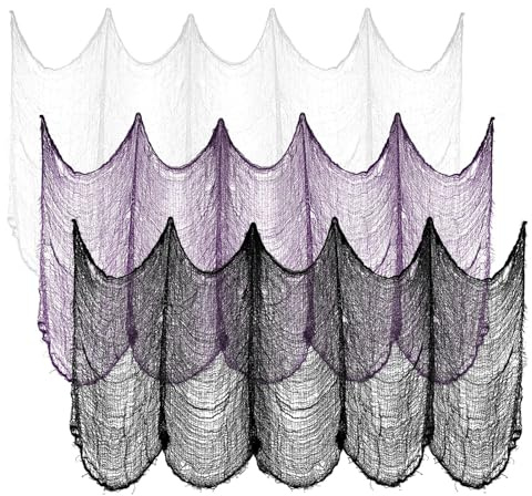 YGKYMVW Halloween Deko Stoff, 3 Stück Halloween Gruseliges Gaze Tuch für Gothic Dekoration 183x76cm, Geistertuch für Tisch Haustür Outdoor ​Halloween Party Terror Deko (Weiß lila schwarz)