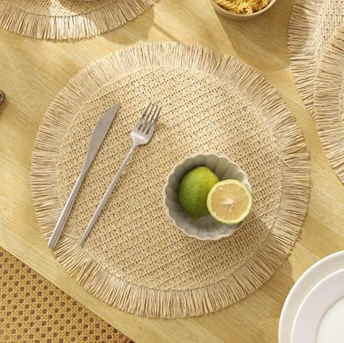 comfoyar Tischsets Rund Geflochten 6er Set, rutschfeste Papier Gewebte Platzsets mit Langer Quaste, Hitzebeständige Platzdeckchen für Küche, Fest, Hochzeit, Esszimmer Dekoration (Beige, 38cm)