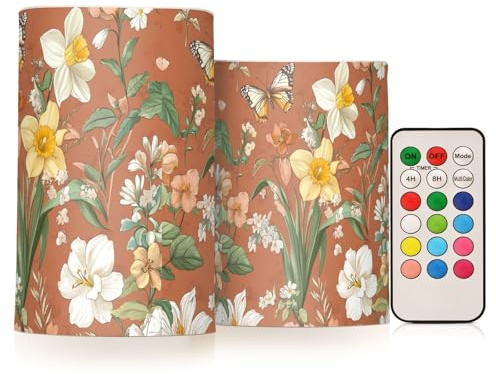 Lot de 2 bougies piliers sans flamme avec piles pour table de salle à manger Motif fleurs d'été bégonia papillons Terre cuite 10,2 cm 12,7 cm
