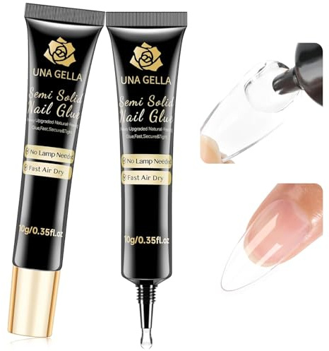 UNA GELLA Nagelkleber, Kein Lampen-Notwendiger Starker 10ml*2pcs, Superstarker Halbgel-Nagelkleber für Press-On-Nägel und Kunstnägel, Schnell härtend, Lang anhaltendes Gel-Kleber-Set