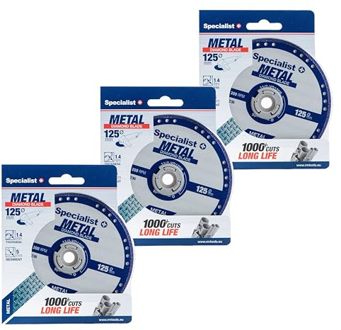 SPECIALIST+ Lot de 3 disques à tronçonner diamantés pour métal - 125 mm - Lame de 1,4 mm - 1000 coupes par disque - Pour acier, tôle, armature et profilés - Embout de 22,23 mm