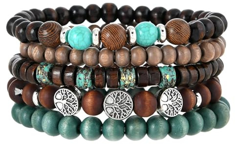 LEECLOUD Set of 5 Boho Beaded Bracelets for Women and Men | Multilayer Stackable Handmade Wood Turquoise Bead Elastic Bracelet Jewelry Gifts