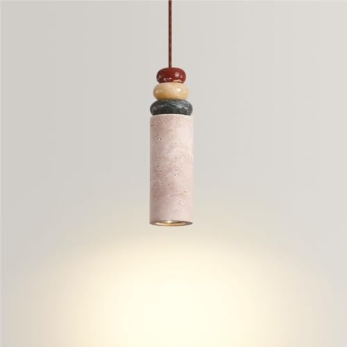 Lampada a sospensione cilindrica piccola da 9 pollici, lampadario giapponese Wabi-Sabi in travertino giallo, luci a sospensione nordiche in pietra naturale for soggiorno, camera da letto, ingresso