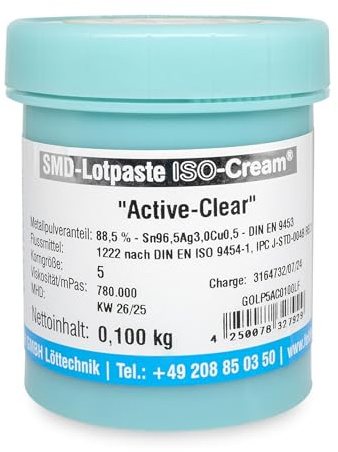 GALLUNOPTIMAL by FELDER bleifrei SMD-Lötpaste ISO-Cream Active-Clear REL1 SAC305 Sn96,5Ag3Cu0,5 Typ 5 (15–25 µm) 217–219 °C 100 g Dose – für Elektronikindustrie GOLP5AC0100LF