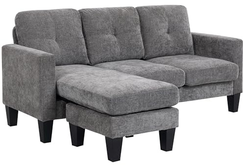 HOMCOM Sofá Chaise Longue Reversible, Sofá de 3 Plazas en Forma de L, Tapizado en Chenilla, Asiento y Respaldo Acolchados, Estructura de Acero, 186x130x84 cm, Gris Oscuro