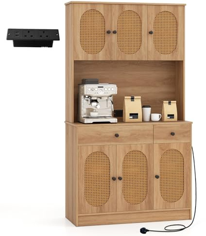 COSTWAY 180cm Tall Kitchen Cupboard, 6-Door Buffet Pantry Storage Cabinet with Built-in Power Outlet, 4 Adjustable Shelves & Anti-tipping Device, Freestanding Sideboard Organizer Unit