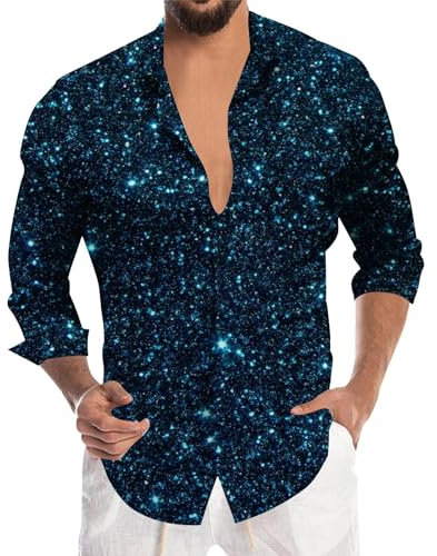 Camicia da uomo con brillantini, camicia da discoteca, da uomo, a maniche lunghe, lucida, per il tempo libero, per uomini, feste, carnevale, discoteca, con paillettes