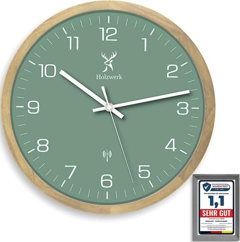 Holzwerk NAUMBURG (Funk) Natur Holz Funkwanduhr Wanduhr Moderne Funk Holz-Uhr Glas Funkuhr Grün Buche nahezu lautloses Uhrwerk aus handgefertigtem Massivholz 30 cm Durchmesser (Hw.grün..)