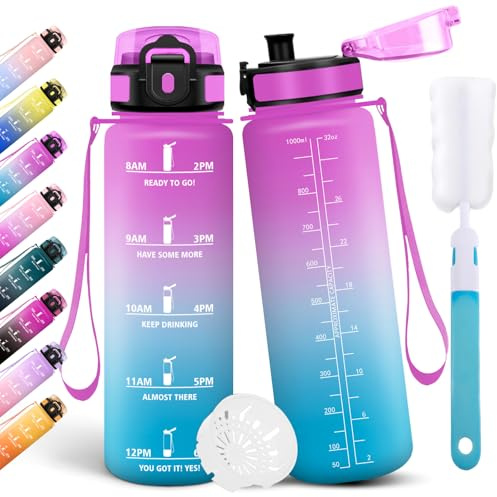 Motswedi Gourde Sport 1l, Bouteille d'eau, Gourdes Motivation, Comprend 1 éponge de Nettoyage, Anti Fuite, Bouteille Sport 1 Litre pour le Fitness, la Gym, la Randonnée, le Vélo, Rouge rose & Cyan