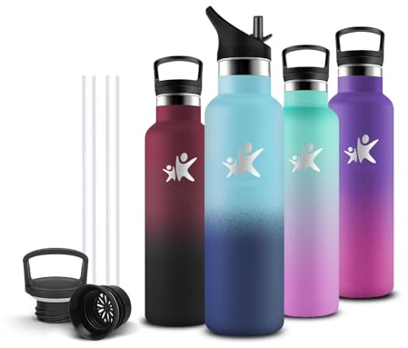 Trinkflasche Edelstahl 500ml, Trinkflasche Kinder, Wasserflasche mit Strohhalm, BPA-Frei, Wasserflasche Metall, 24h Kalt & 12h Warm, Isolierflasche Doppelwandig, für Büro, Camping, Reisen, Schule