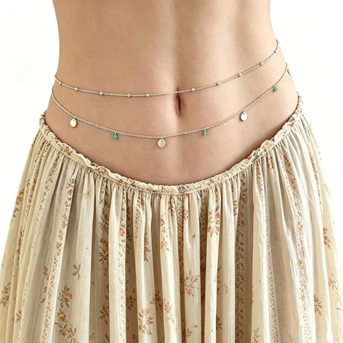 Gold Belly Chain,Turquoise Waist Chain Gold-plated Rhinestone Beads layered Belt Body Jewelry Sexy Beach Bikini Hip Chains Summer Festival Dance Costume Accessories Adjustable Metal,for Women (Silver)