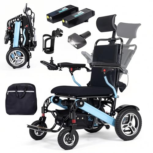 48KM Elektro Rollstuhl Liegender für Erwachsene, 700W Motorleistung Rollstuhl 150KG, 52CM Sitzbreite Faltbare Allen Gelände Rollstühle mit 2*12AH Li-Ion Batterie, mit Led Licht, Rucksack, Becherhalter