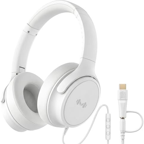 Zollexa Casque Over-Ear Filaire, Micro, 3,5 mm, Adaptateur USB-C, Blanc | Casque pliable et réglable, coussinets doux, micro intégré, prise 3,5 mm et adaptateur USB-C pour PC, téléphone et voyage.