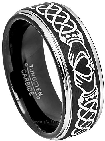 Mens Celtic Claddagh Tungsten Ring -8mm Brushed Finish Black IP & Gunmetal Stepped Edge Comfort Fit Tungsten Carbide Wedding Band - #670s10