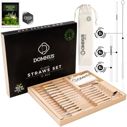 DOMHUS Glasstrohalme Wiederverwendbar Glas Strohhalme 12 pcs | 100% Plastickfrei | 6 glasstrohalme kurz, 6 lange trinkhalme glas, 2 Reinigungsbürsten, Stoffbeutel, Ebook | Aufforstungsprojekt