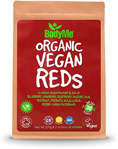 BodyMe Organic Vegan Red Powder - Vegan Super Reds Blend with Blueberry, Cranberry, Acai and Other Organic Ingredients - Quick & Easy Nutrients, (30 Servings, 270g) | UK