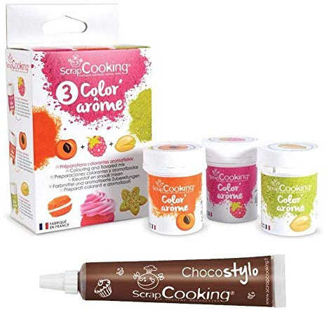 3 coloranti alimentari in polvere lampone-albicocca-pistacchio + penna alimentare al cioccolato