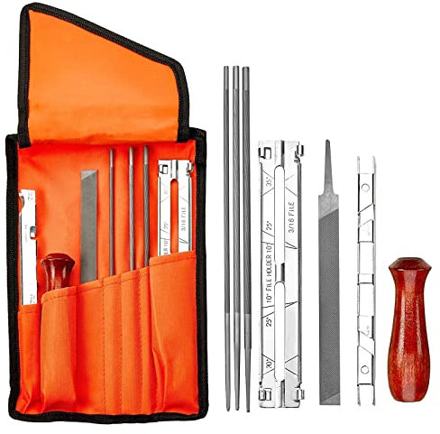 OKPOW Chainsaw Sharpener File Kit - Includes 5/32, 3/16, and 7/32 Round Files, 6 Inch Flat File, Wood Handle, Depth Gauge, Filing Guide, and Tool Pouch - for Sharpening Chain Saw Blades, 8 Piece