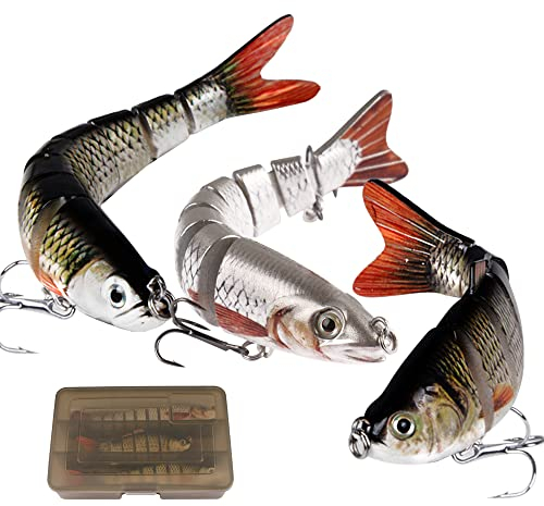 MEJOSER Wobbler Set 3 Stück Jerkbait Kunstköder Set Swimbait Hardbait Angelköder in 3 Länge Gewicht für Hecht Barsch Zander Angeln Köder mit 2 Drillingshaken und Fischköder Box